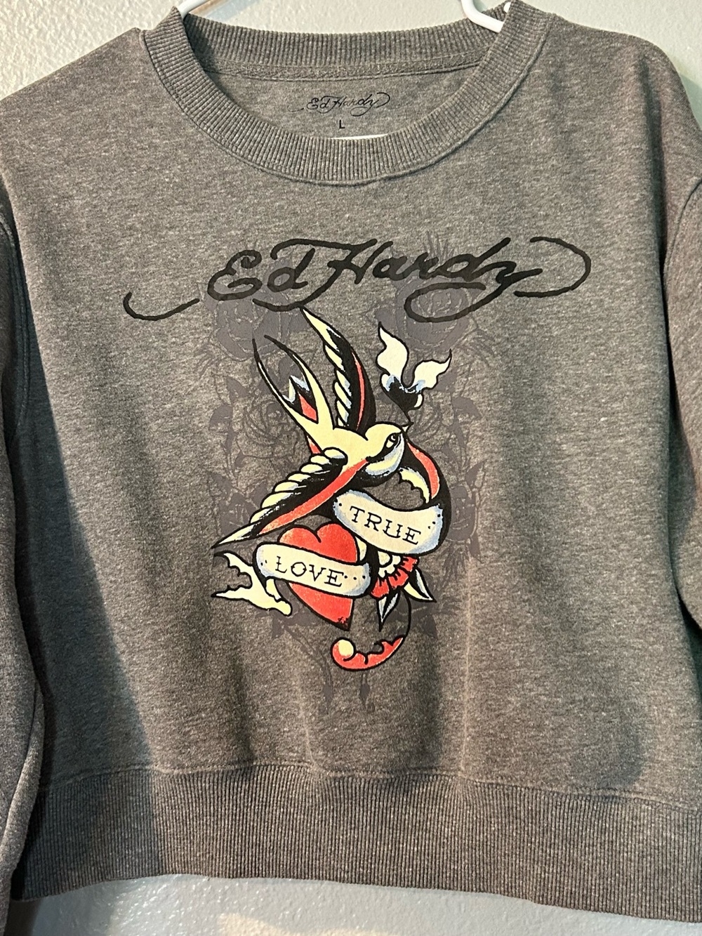 Ed Hardy True Love Tattoo Graphic Crewneck Sweatshirt Gray Size Large
